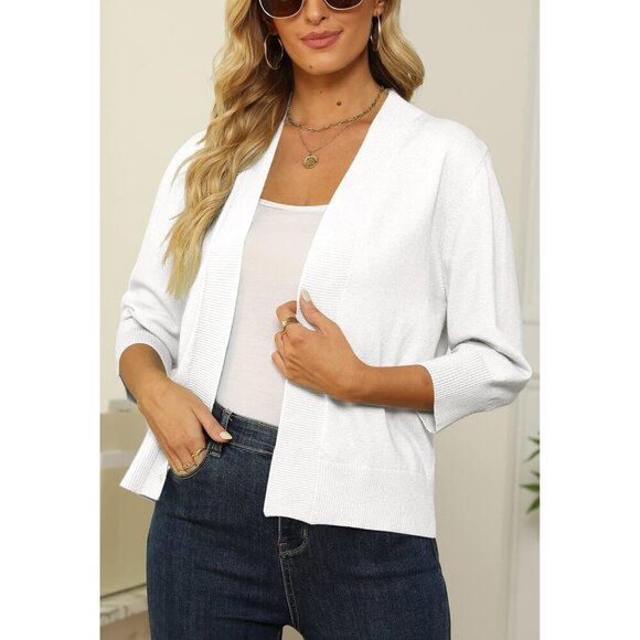 Women's Cropped Cardigan Sweater Lightweight 3/4 Sleeve Open Front Short - Picture 4 of 7